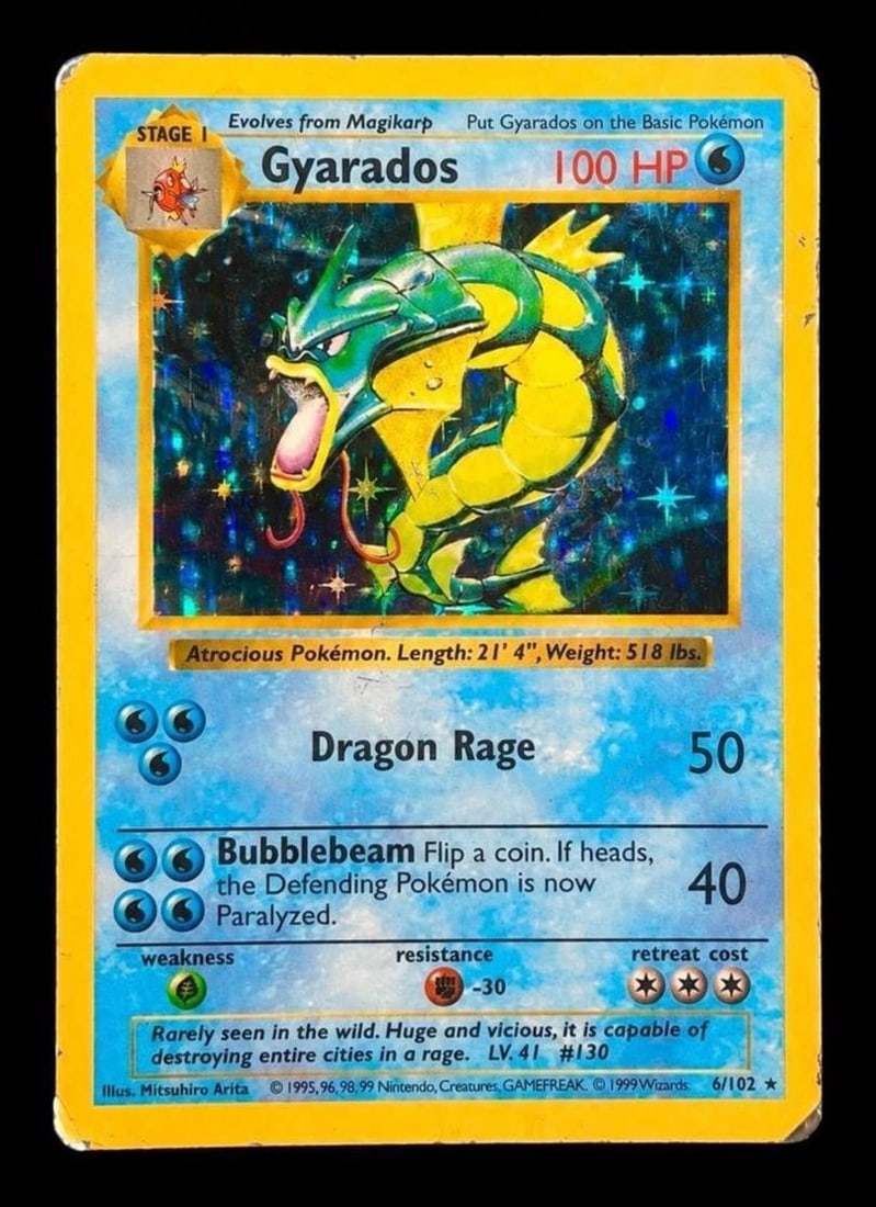1999 Pokemon Game #6 Gyarados - Holo Shadowless: 1999 Pokemon Game #6 Gyarados - Holo Shadowless Base Set Pokemon Trading Card. Featuring one of the most recognizable and enduring fan favorite Pokemon from the original generation. Since its debut, G