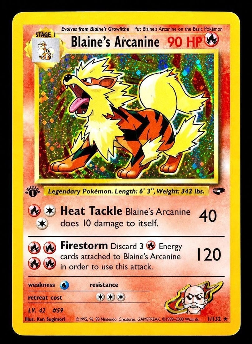 2000 Pokemon Gym #1 Blaine's Arcanine 1st Edition: 2000 Pokemon Gym Challenge #1 Blaine's Arcanine Holo - 1st Edition Pokemon Trading Card. Highlighted by a beautiful holographic swirl prominently positioned in the upper right corner directly behind A