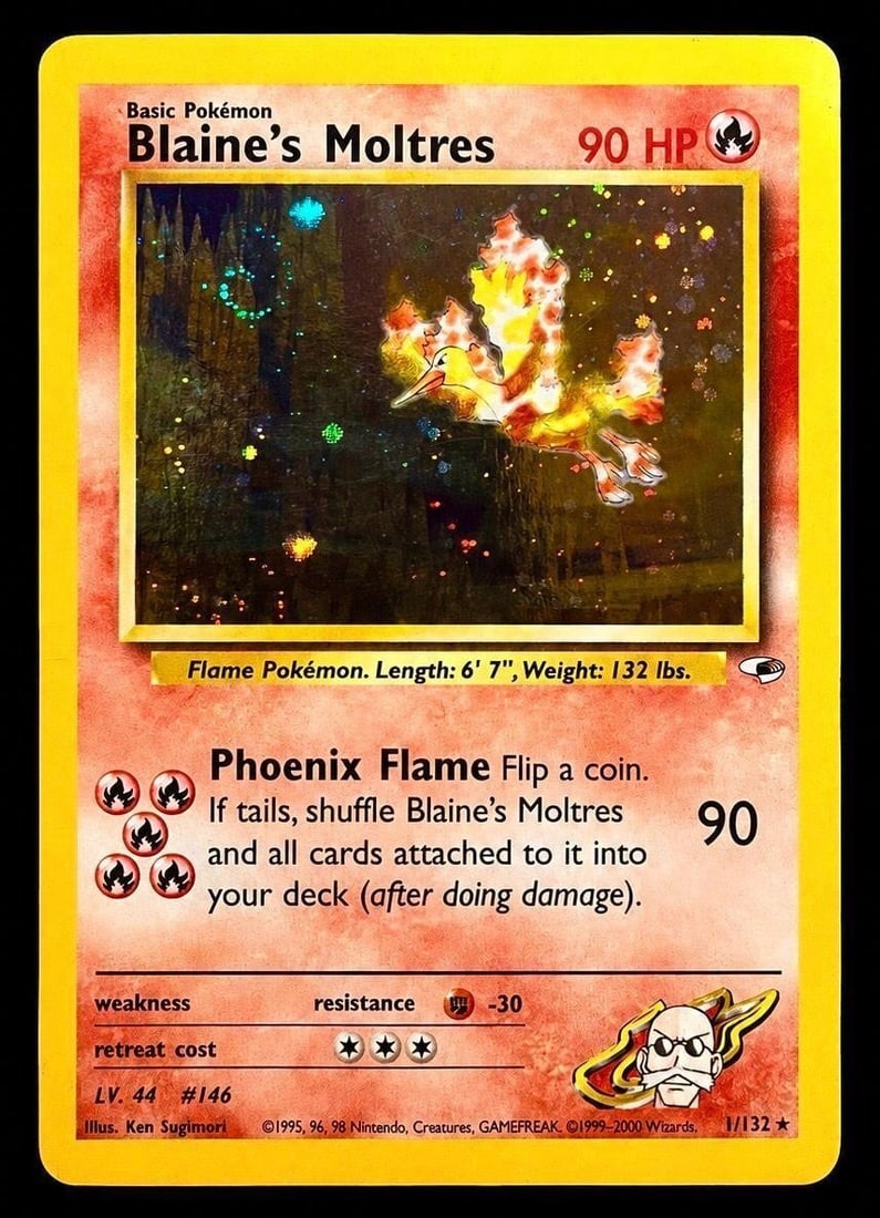 2000 Pokemon Gym #1 Blaine's Moltres - Holo: 2000 Pokemon Gym Heroes #1 Blaine's Moltres Holo Pokemon Trading Card. Highlighted by a beautiful holographic swirl prominently positioned in the upper left corner of the card, adding an especially ey