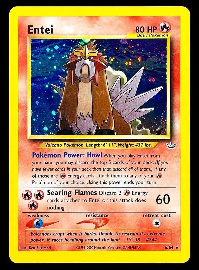 2001 P.M. Neo Revelation #6 Entei - Holo: 2001 Pokemon Neo Revelation #6 Entei - Holo Pokemon Trading Card. A spectacular vintage release featuring one of the legendary beasts of the Johto region and one of the most recognizable Pokemon intro