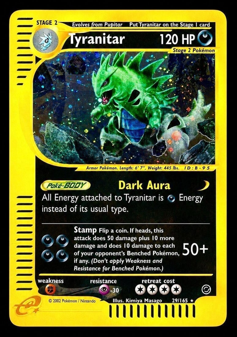 2002 Pokemon Expedition #29 Tyranitar - Holo: 2002 Pokemon Expedition #29 Tyranitar - Holo Pokemon Trading Card. A fantastic vintage release featuring one of the most powerful and popular Pokemon introduced during Generation II. Released as part 