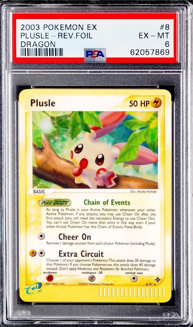 2003 Pokemon EX Dragon #08 Plusle - Rev (PSA 6): 2003 Pokemon EX Dragon #08 Plusle - Reverse Foil Pokemon Trading Card (PSA 6 EX - MT) (PSA Certification: 62057869). Released during the early EX era, EX Dragon was the third expansion in the EX Serie
