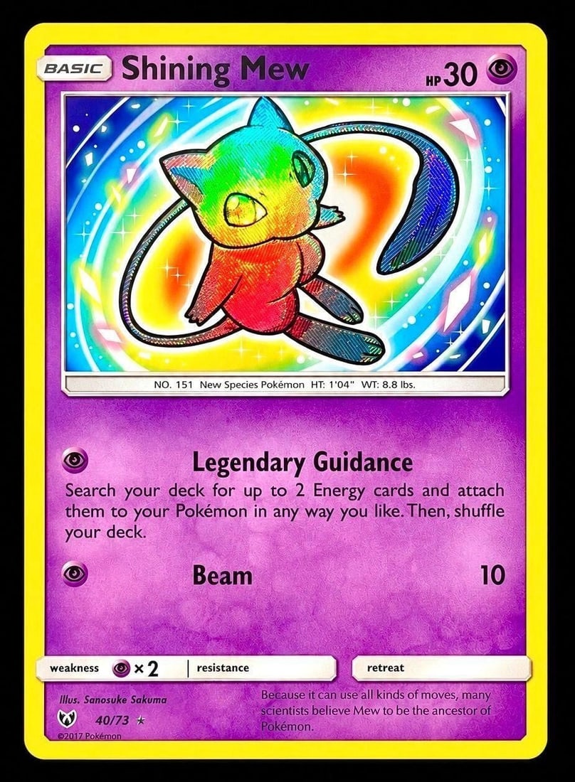 2017 Pokemon Sun & Moon #40 Shining Mew - Holo: 2017 Pokemon Sun & Moon Shining Legends #40 Shining Mew - Holo Pokemon Trading Card. A beautiful modern interpretation of one of the most beloved and mysterious Pokemon from the original generation. R