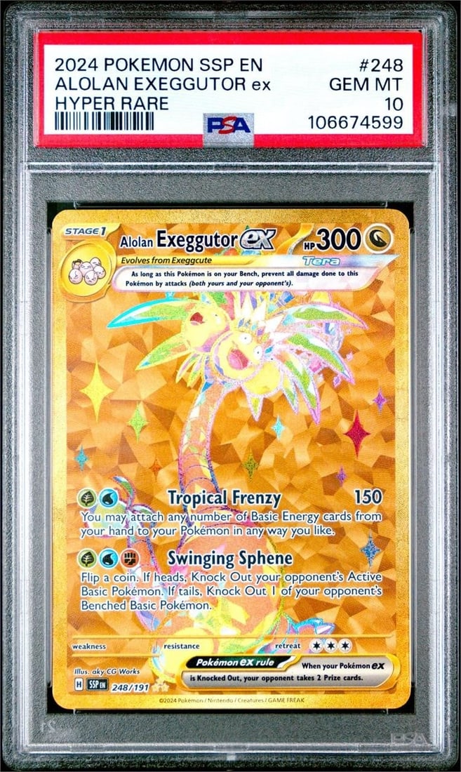 2024 Pokemon SSP EN #248 Alolan Exeggutor (PSA 10): 2024 Pokemon SSP EN-Surging Sparks #248 Alolan Exeggutor ex Hyper Rare Pokemon Trading Card (PSA 10 GEM MT) (PSA Certification: 106674599). Released as part of the popular Scarlet & Violet Surging Spa