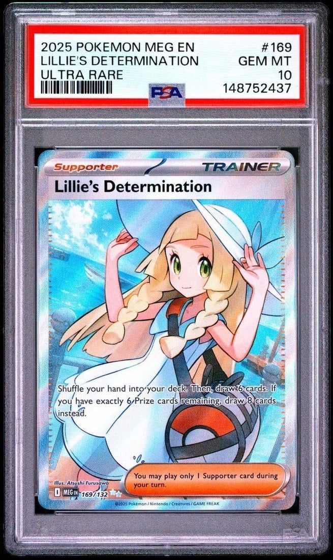 2025 Pokemon #169 Lillie's Determination (PSA 10): 2025 Pokemon MEG EN-Mega Evolution #169 Lillie's Determination Ultra Rare Pokemon Trading Card (PSA 10 GEM MT) (PSA Certification: 148752437). Featuring one of the most beloved characters in the Pokem