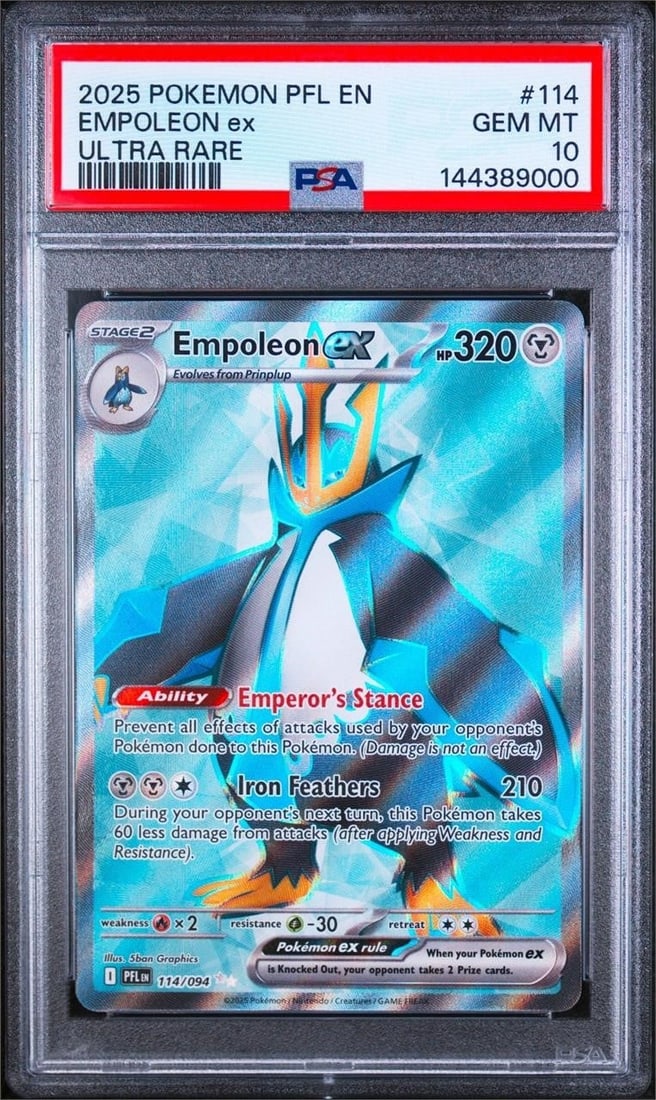 2025 Pokemon PFL EN #114 Empoleon ex UR (PSA 10): 2025 Pokemon PFL EN-Phantasmal Flames #114 Empoleon ex Ultra Rare Pokemon Trading Card (PSA 10 GEM MT) (PSA Certification: 144389000). Released as part of the Phantasmal Flames expansion, this strikin