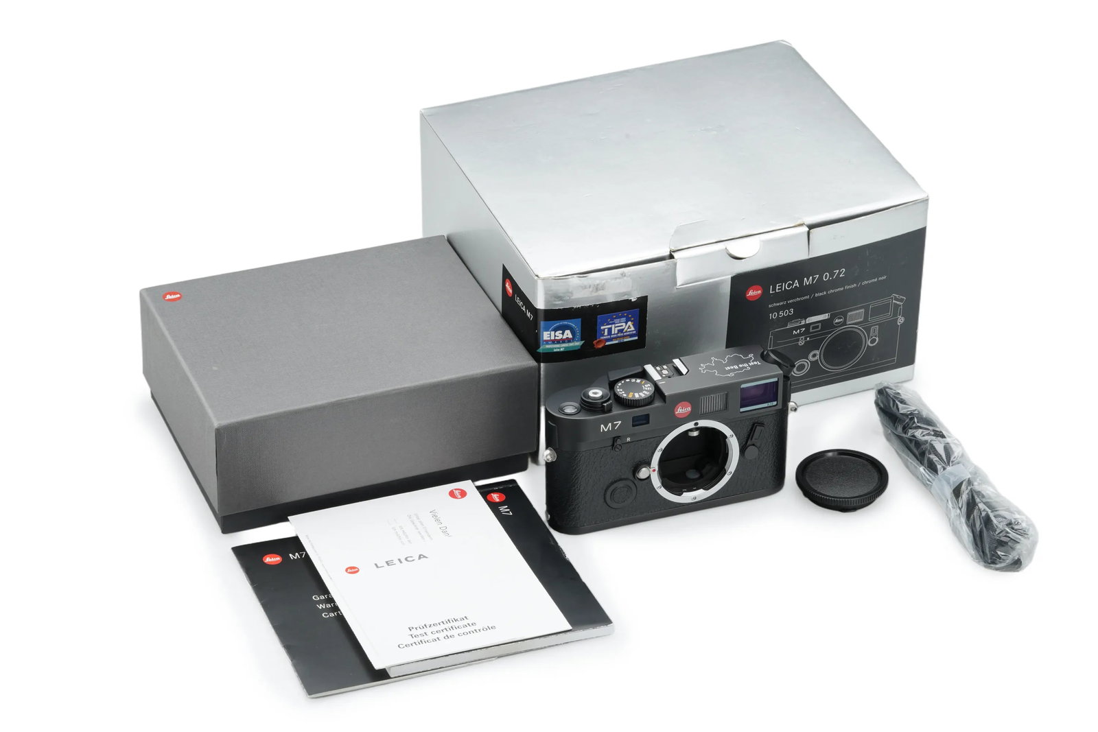 Leica M7 0.72 Black Chrome Finish 10503 'Test the Best': Swiss-market exclusive, this Leica M7 0.72 "Test the Best" camera was originally produced as a high-end demonstration unit for professional photographers. Preserved in near-mint condition and in very 