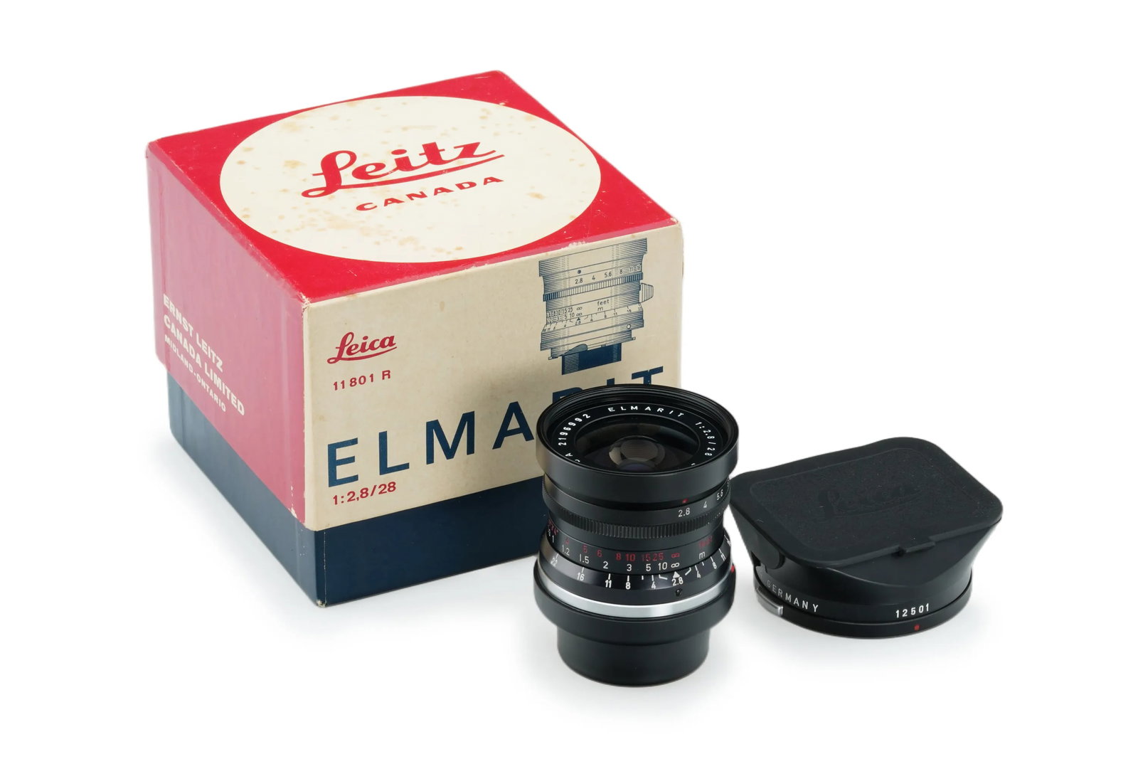 Leica Elmarit 2.8/28mm 9-Element 11801: Very rare and highly sought after, this 9-element Elmarit 28mm was produced in Canada and remains in beautiful, mint condition. This early version features the distinctive black-painted infinity lock 