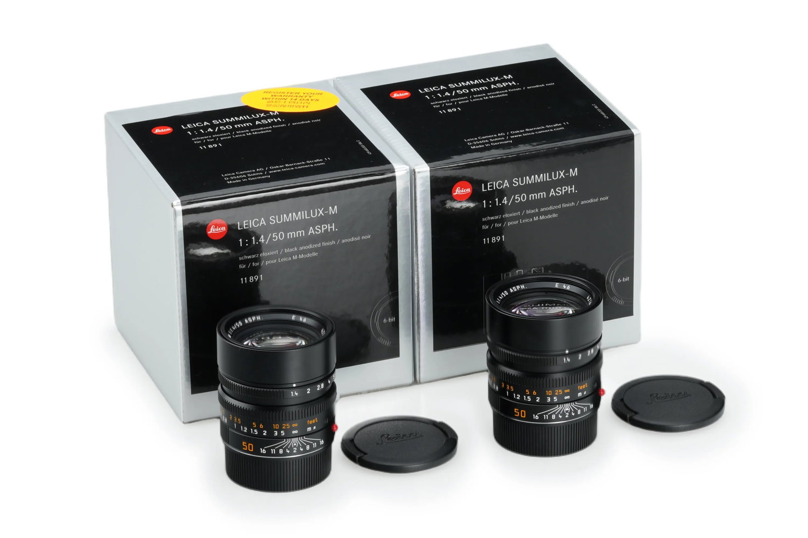 Leica Summilux-M 1.4/50mm ASPH. Black 11891 Consecutive pairs: This modern standard Summilux 1.4/50mm ASPH. set consists of two lenses with sequential serial numbers. Both units remain in mint condition with perfect optics. The lot including documentation,