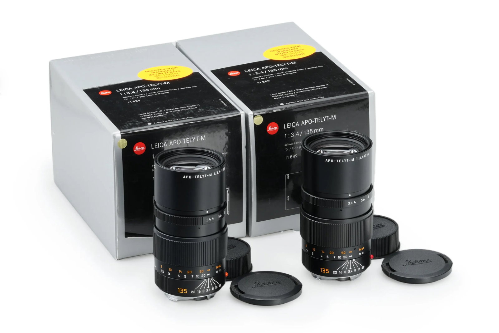 Leica APO-TELYT-M 3.4/135mm 11889 Consecutive Pairs: A consecutive pair of modern telephoto APO lenses, these APO-Telyt M 3.4/135mm ASPH. units(Nos. 4179912 - 4179913)are presented in mint condition. As the longest focal length in the current M-series,
