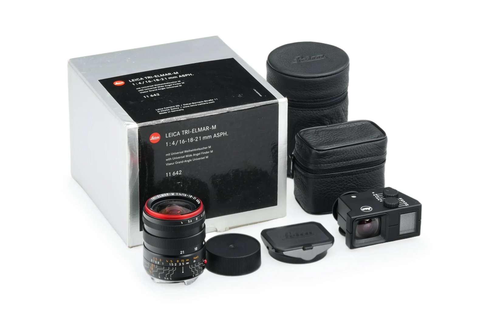 Leica Tri-Elmar-M 4/16-18-21mm 11642: The Tri-Elmar, known as the "WATE", offering three distinct ultra-wide-angle perspectives in a single, high-performance barrel. This specimen is presented in mint condition with perfectly clear glass.