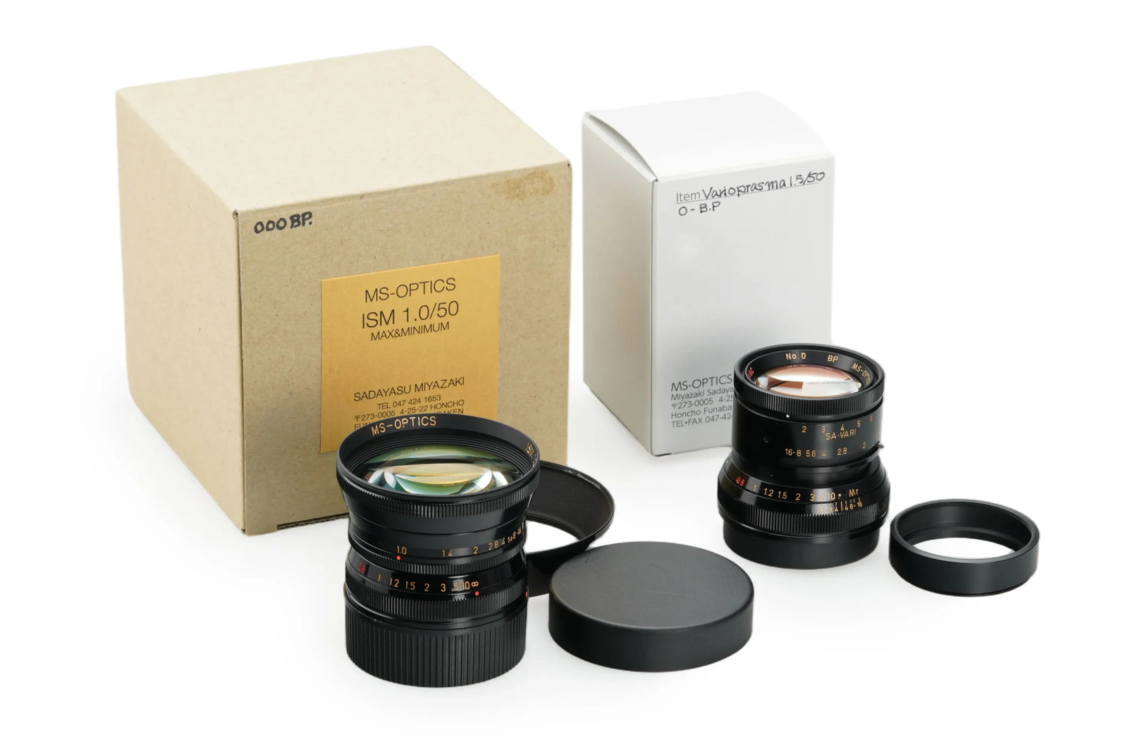 MS-Optics f. Leica M Varioprasma 1.5/50mm & ISM f. Leica M 1/50mm Black Paint Prototypes: A set of black paint prototypes for the MS-Optics Varioprasma and ISM for Leica M-mount cameras, designed by Miyazaki Sadayasu in Japan; the Varioprasma is a modern homage to the classic Kino-Plasmat 