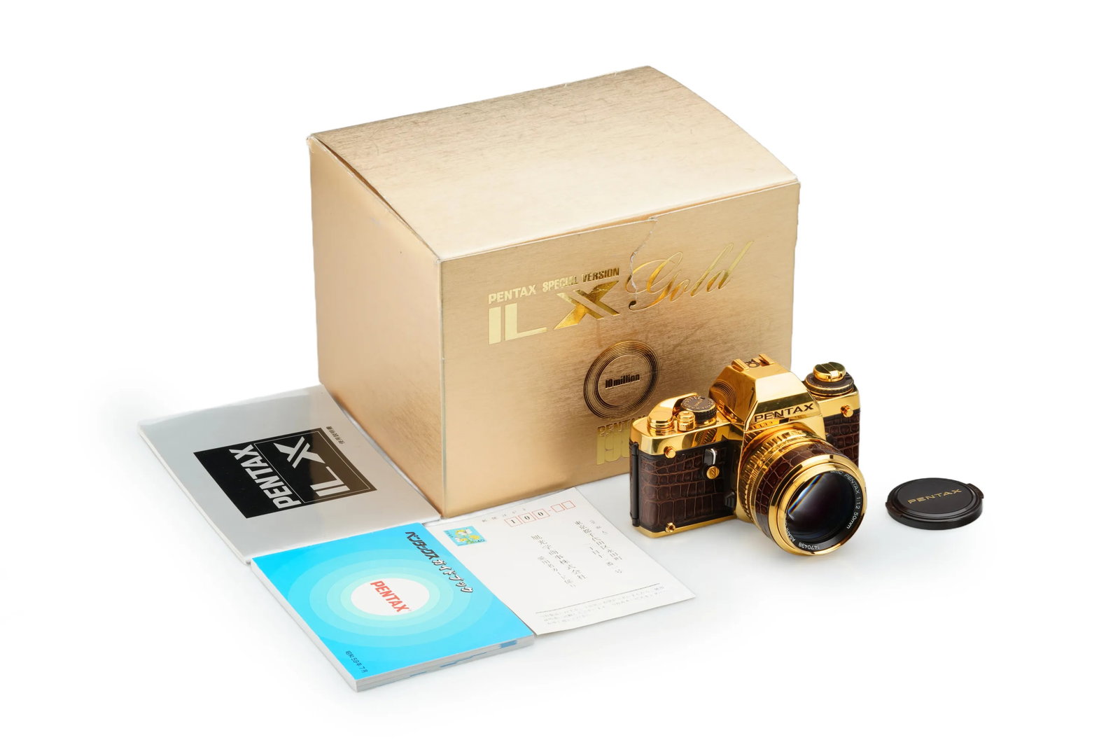 Pentax LX Gold Edition: An 18-carat gold-plated Pentax LX, this limited edition features a distinctive brown reptile leather covering and is paired with a matching high-speed SMC Pentax 1.2/50mm lens(No. 1470438). One of