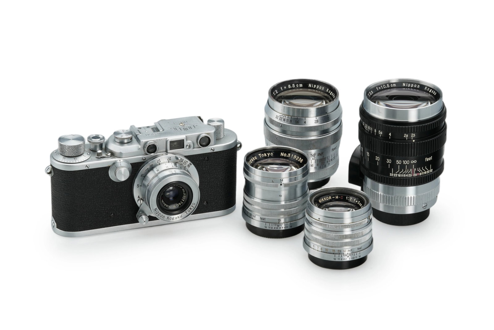 Tower Type-3 Outfit: This fine outfit includes five matching Nikkor M39 screw-mount lenses and a Tower body(No. 33541), all of which are in good working order. The set features a Nikkor-H.C 2/5cm lens(No. 619712)with a