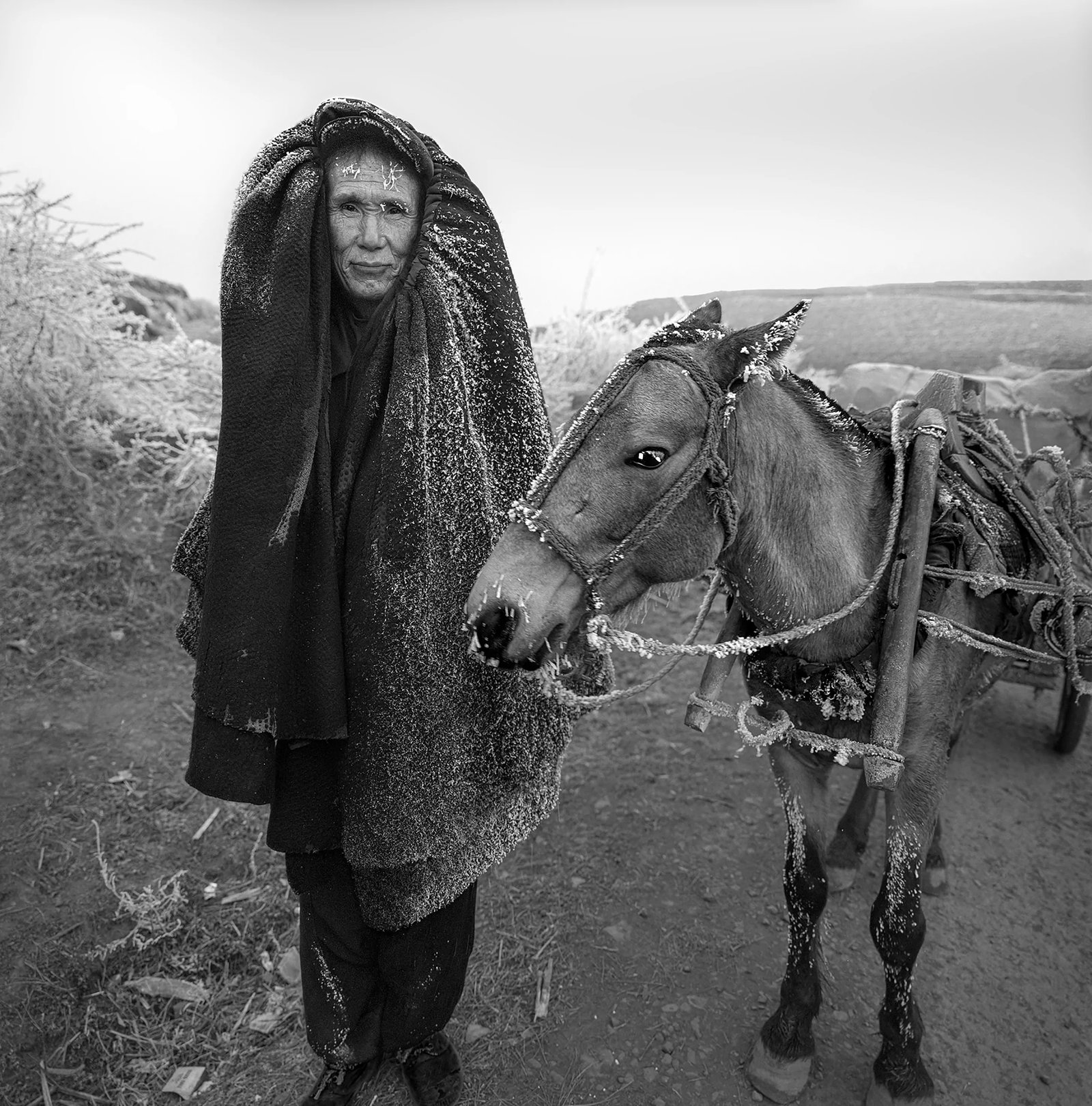 Yi People Traveling on a Frosty Morning: Print Date: 2025 Location: Butuo County, Daliangshan Medium: Hahnemuhle Cotton Baryta Technique: Epson Fine Art Giclee Print Edition: 1/20 Framing: Teak frame with mortise-and-tenon joints Signature: