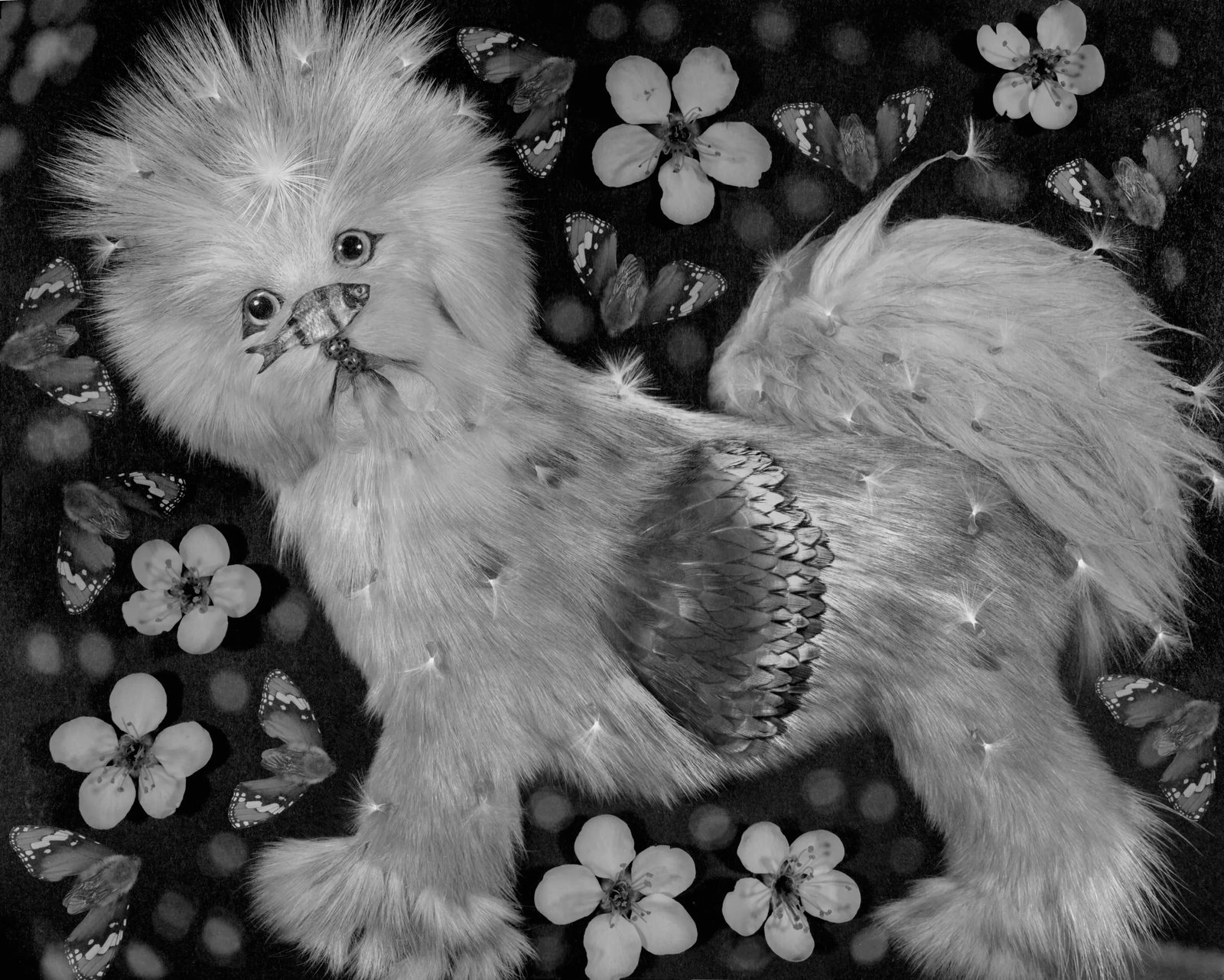 Dog-Butterfly-Flower: Medium: Gelatin silver print Technique: Multiple exposure on 20x24 camera film Exposures: 18 exposures Edition: Edition 3 of 15 Print Method: 1:1 contact print from original negative The