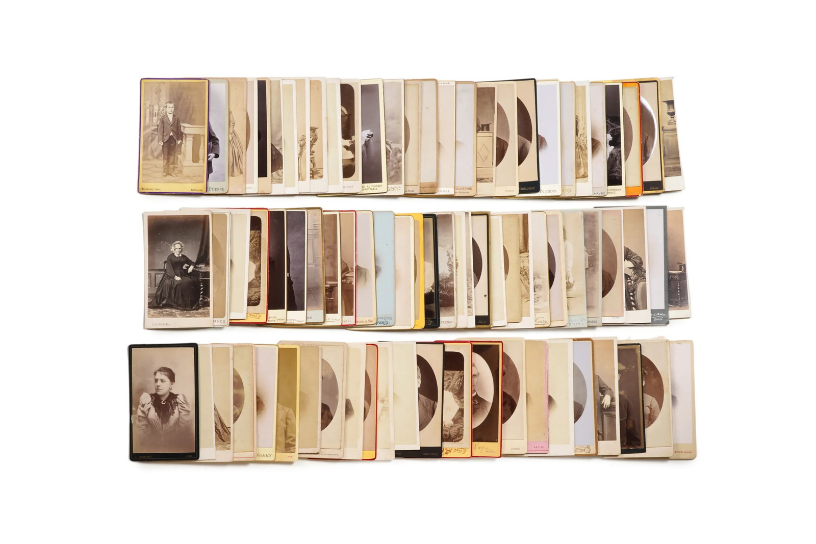 A Collection of French Cartes de Visite (82 Pieces): Technique: Albumen prints mounted on card Quantity: 82 pieces This collection comprises 82 cartes de visite produced by photographic studios across France in the second half of the nineteenth century.