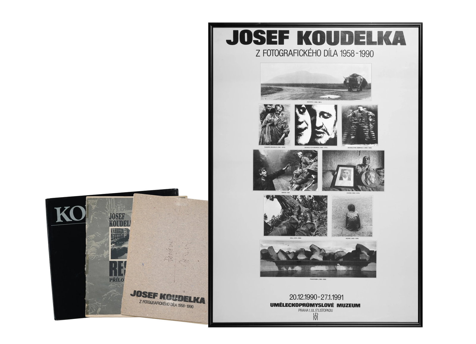 Josef Koudelka, Z fotografickeho dila 1958-1990, Four Exhibition-Related Items: Contents: 1. JOSEF KOUDELKA: Z fotografickeho dila 1958-1990 Signed exhibition catalogue 2. Original exhibition poster, 33 x 24 in. (approx. 83.8 x 61 cm) 3. Srpen 1968 - RESPEKT priloha srpen 1990 an