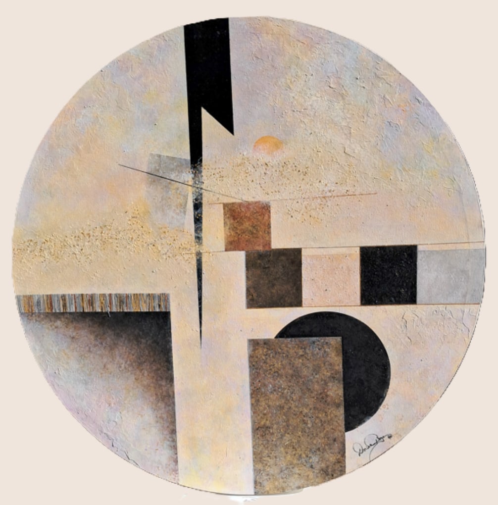 Circle Painting - Shades of Grey, Copper & Gold: Shades of Grey, Copper & Gold: Contemporary art. Circle Canvas Painting. Major expressions of warm colors, mixed media from oil to acrylics, size 36x36x1.5 Two dimensional art, the painting feature a