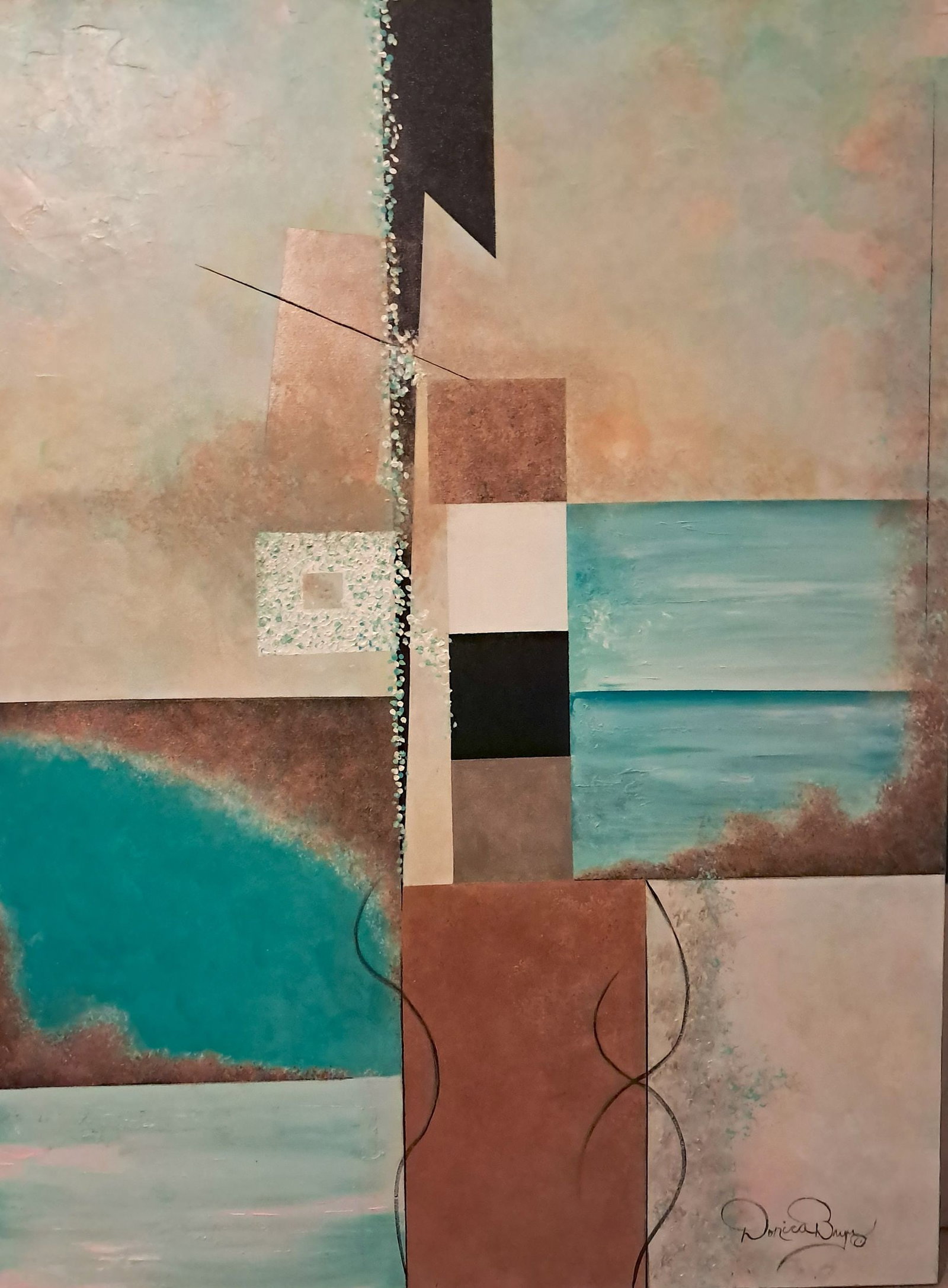 Shades of Tiffany Blue, Silver, Copper & Gold: Shades of Tiffany Blue, Copper & Gold Contemporary art - Canvas Painting. Major expressions of warm colors, mixed media from oil to acrylics, size 48X36x5 . Two dimensional art, the painting feature