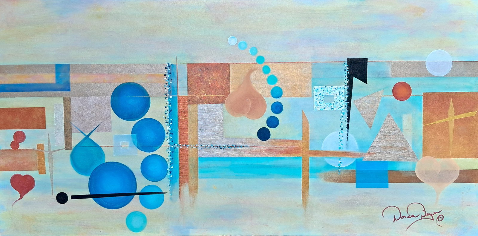 City of Hearts - Shades of Tiffany Blue, Copper & Gold: Shades of Tiffany Blue, Copper & Gold - Contemporary art - Canvas Painting. Major expressions of warm colors, mixed media from oil to acrylics, size 24x48x1.5. Two dimensional art, the painting
