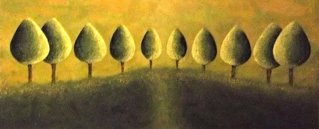 Season of Summer: Season of Summer: Contemporary art-Canvas Painting. Forest greens& Gold colors. Major expressions of warm colors of Forest Green, mixed media from oil to acrylics, size 24x48x1.5 Two dimensional art,