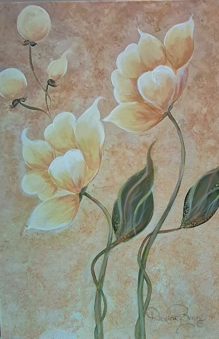 White Gardenia's: White Gardenia's: Award winning, White Gardenia's: Contemporary art - Canvas Box Print, Glazed. Major expressions of glowing warm colors, 24x18x1.5 The print feature a natural soft glow which draws