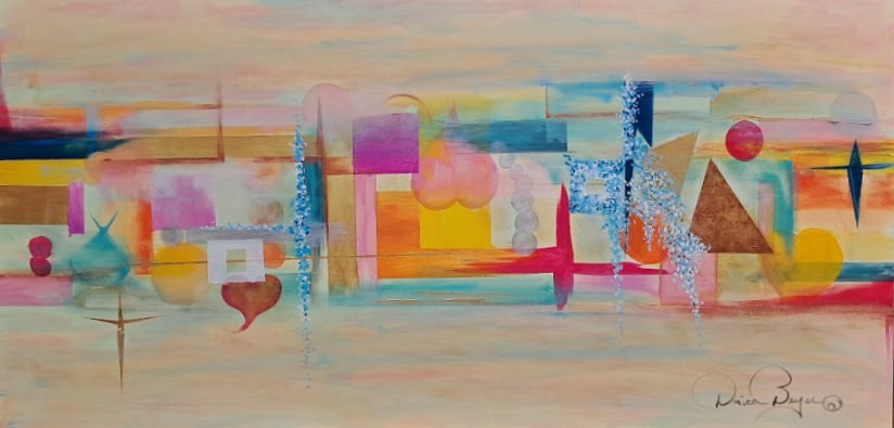 City of Hearts: City of Hearts: Contemporary art - Canvas Painting. Major expressions of warm colors, mixed media from oil to acrylics, size 24x48x1.5 Two dimensional art, the painting feature a natural soft glow