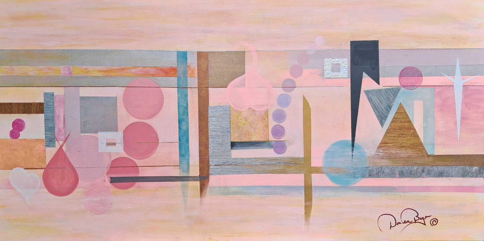 City of Hearts - Pink: City of Hearts - Pink. Contemporary art - Major expressions of Warm colors, mixed media from oil to acyclic. Size 36x36x1?. Comes with a signed certificate of Authenticity.