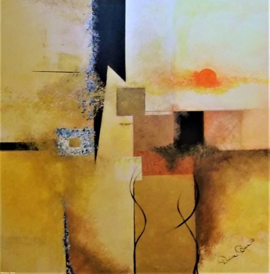 Shades of Orange Copper & Gold: Contemporary art - Canvas Box Print, city scape with warm colors. Glazed Print size 30x30x1.5. - 2023 features a natural soft glow which draws the viewer into the painting adding tranquility and