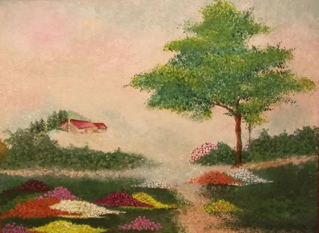 Country Scene I: Country Scene I: Serene warm colors, mixed media from oil to acrylics, size , Impressionistic, Two dimensional art, the painting feature a natural soft glow which draws the viewer into the painting