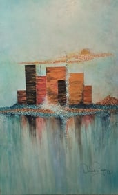 Sunset: Sunset: Contemporary art - Canvas Print, city scape with warm Aqua Blue colors. Glazed Print size 48x30x1.5. Canvas Print - 2024 features a natural soft glow which draws the viewer into the painting a