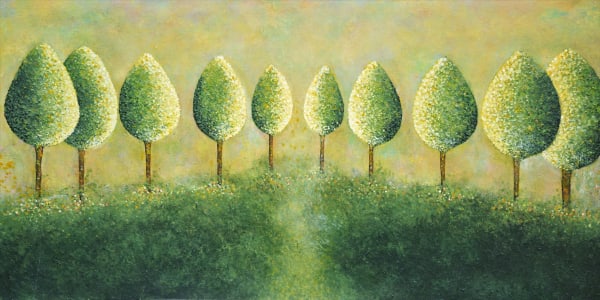 Season of Summer: Season of Summer: Contemporary art-Canvas Painting. Forest greens, Gold and highlighted colors. Major expressions of warm colors of Forest Green, mixed media from oil to acrylics, size 24x48x1.5 Two