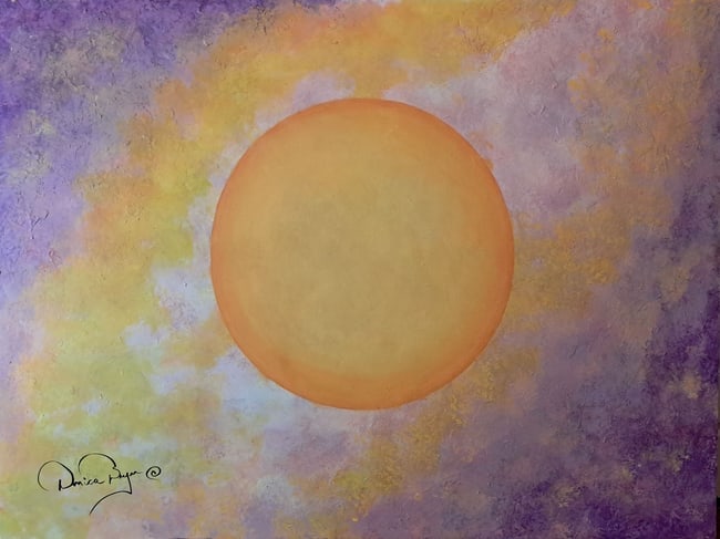 The Galaxy Sphere II, Yellow, Gold on Lavender: Artist: Donica Christie Bryer (New York born 1958) - BFA Degree: School of Visual Arts, NYC - Title: The Galaxy Sphere II - Contemporary art - Canvas Painting, Glazed. Abstract Space Painting, Cosmic