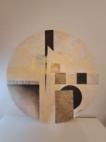 Shades of Grey, Copper & Gold - Circle: Artist: Donica Christie Bryer (New York born 1958) BFA Degree: School of Visual Arts, NYC Donica C Bryer, Fine Arts Award winning artist, Ms. Bryer was born and raised in the Hudson Valley of Upstate