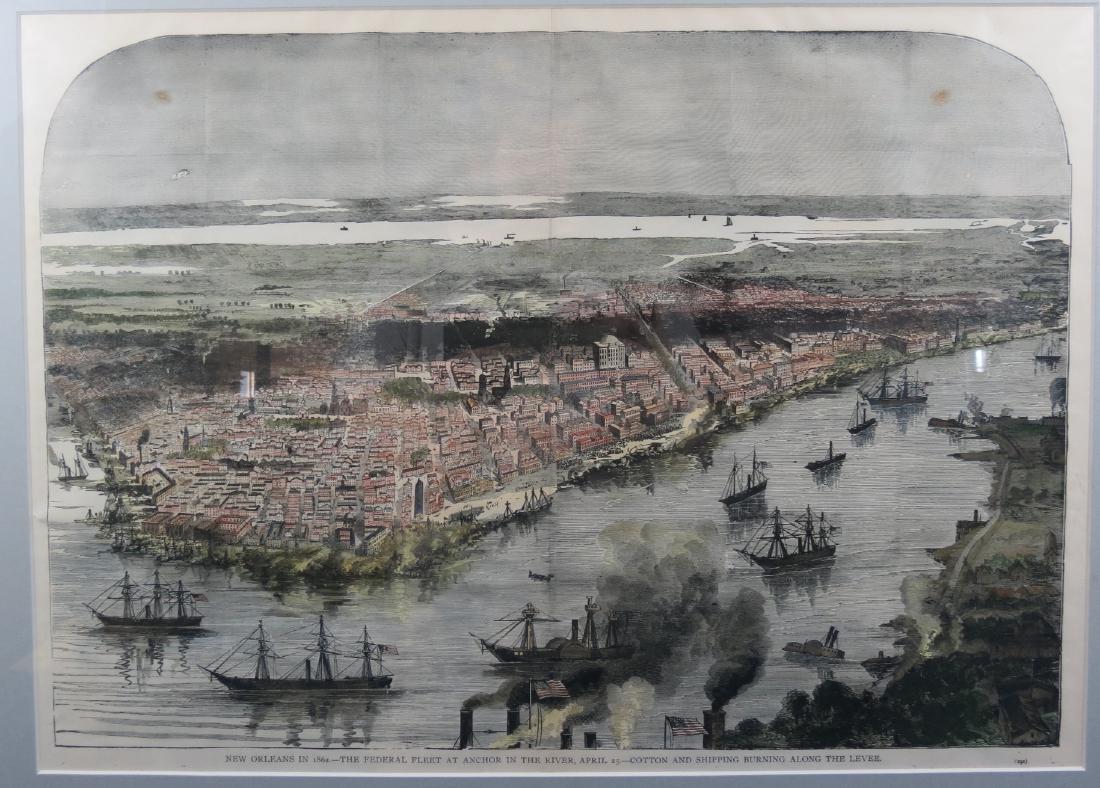 Civil War Hand Colored Print Harpers Woodcut New: Removed from a large bound book of Harpers Woodcut prints from late 19th or early 20th century. Professionally hand colored. Titled New Orleans in 1862 the Federal Fleet at Anchor in the River, April