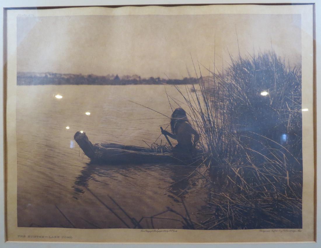 Edward Curtis Photogravure The Hunter Lake Pomo: The white spots that you see are just reflection from the light on the glass. Vintage and original dated 1924. Edward S. Curtis Large Photogravure of The Hunter - Lake Pomo from The North American Ind