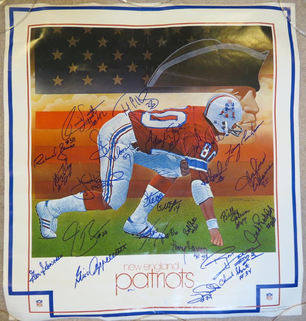 1978 NE Patriots Football Poster Signed by 23 Greats: 1978 NFL team poster signed by 23 former members of the New England Patriots including Steve Grogan, Gino Cappelletti, Ronnie Lippett, Steve Nelson, John Hannah and more. Poster is 23 x 25 inches. Aut