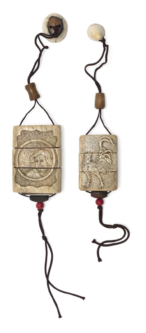 (2) JAPANESE CARVED ELK HORN INRO Late Meiji Period: 1) Three-case inro with relief Daruma design. Height 4 inches. Cross section of horn plugged. With wood netsuke. Length 1.75 inches. 2). Three-case inro with relief rooster design. Height 3 inches. Ho