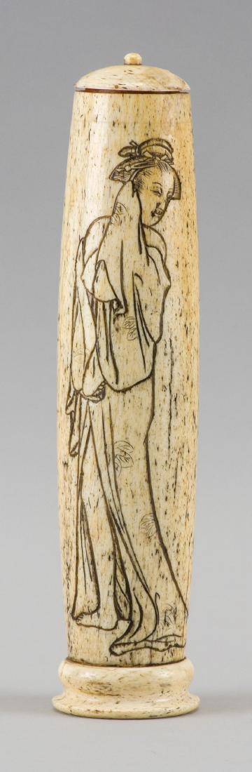 JAPANESE ELK HORN INCENSE HOLDER Meiji Period: In cylindrical form. Wth incised decoration of a geisha in a floral kimono. Signed "Shimoogawa". Height 9 inches. No obvious mars or damages noted.