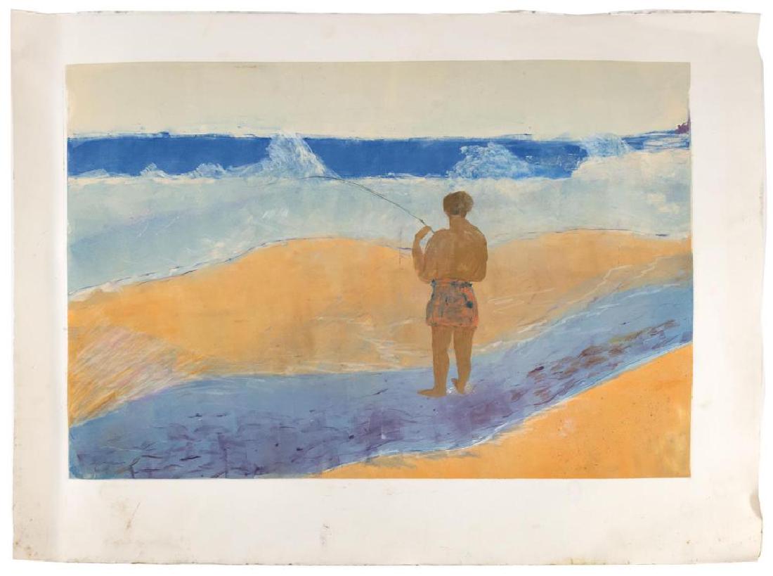 CAPE COD SCHOOL LITHOGRAPH 22 x 29.5: 20th Century. Surf casting. No signature found. Watermark lower left margin for BLK Rives, France.Â Silkscreen on Rives paper, 16.5 x 24.5. Sheet size 22 x 29.5. Unframed. Some discoloration to marg