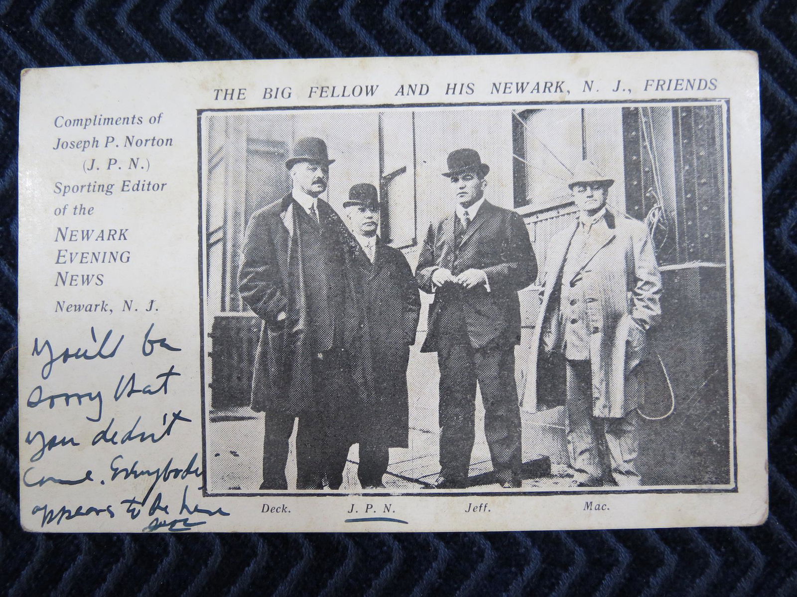 Rare 1909 James Jeffries Boxing Postcard: The Big Fellow and his Newark NJ Friends. Sent from Reno Nevada at the time of the Jack Johnson vs James Jeffries fight. Postmarked July 2, 1910. Pictures James Jeffries with the editor of the Newark