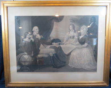 19th Century George Washington and Family Engraving: c. 1850. Famous image of George Washington and family by Edward Savage of New York City, originally done in 1789-1790. Appx 17 x 23 visible. Framed to 24.5 x 30.25 inches. Not examined outside of the