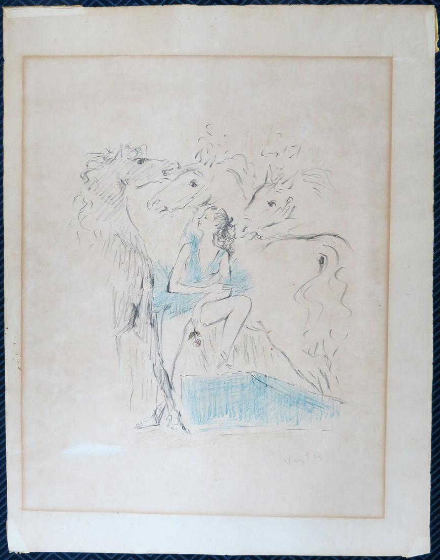 Marcel Vertes (1865-1961) Charcoal and Crayon on Paper: Woman with horses. Signed lower right in pencil. 17.5 x 22 inches. Toning on the edges where it was framed. Some corner and edge damage (toning, small tears). Should be framed again.