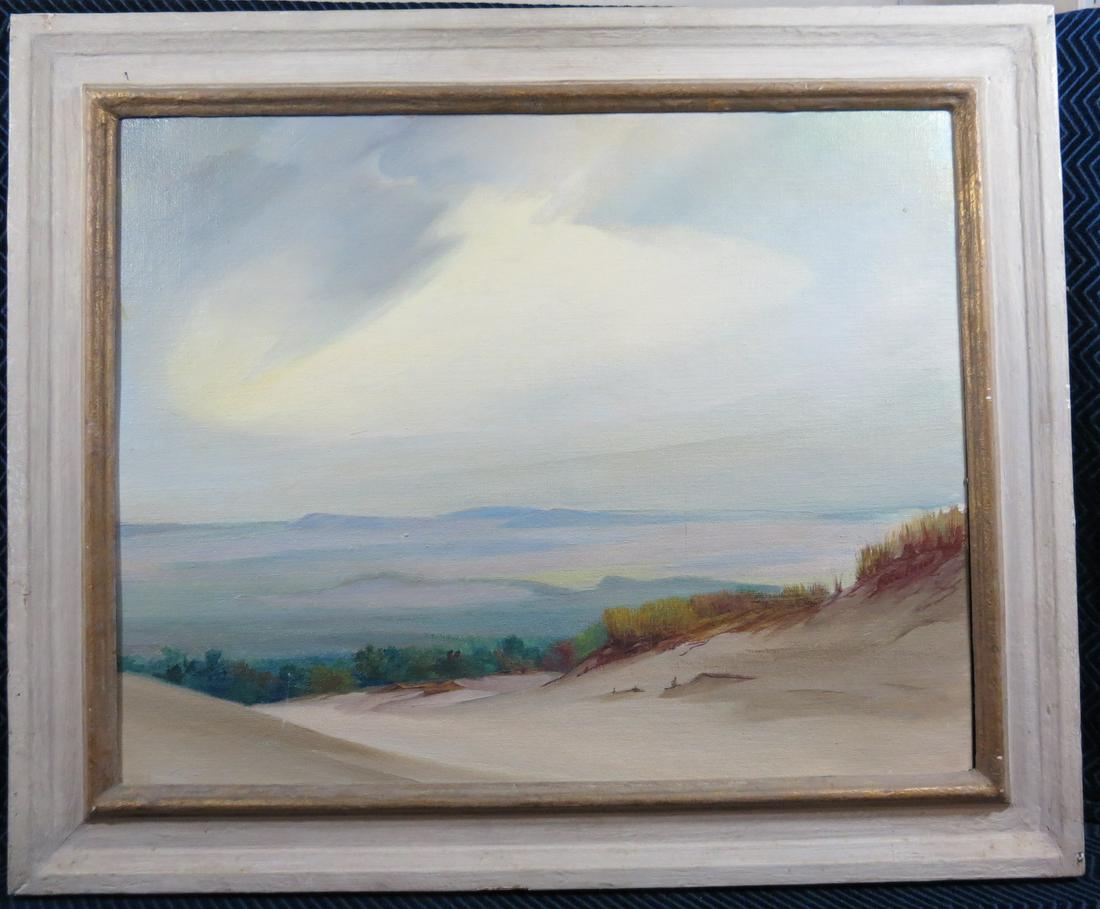 Raymond J Eastwood (1898-1987) Truro MA Cape Cod: RAYMOND J. EASTWOOD, Kansas/Connecticut, 1898-1987, Titled West of Pilgrim Heights, Oil on canvas board, 16 x 20. Framed 20.5 x 24.5.
