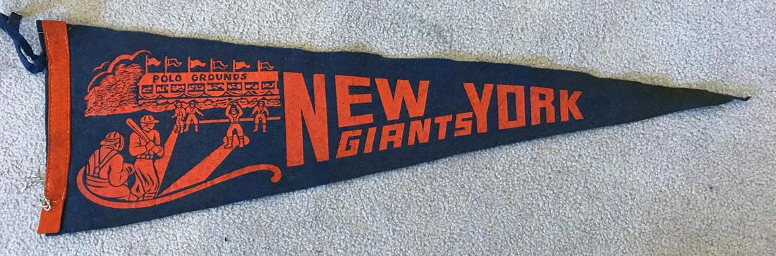 1940â€™s NEW YORK GIANTS Full Size Soft Pennant: This New York Giants pennant measures 25.75 inches from side to side and the reinforced felt on the left hand side measures 8 inches from top to bottom. Â The stitching that holds the orange felt in