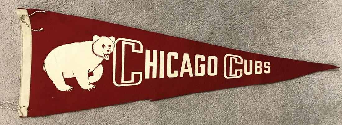 1940s CHICAGO CUBS Full Size Soft Pennant: This Chicago Cubs pennant measures approx 23.25 inches from side to side and is 8 inches tall from top to bottom on the left hand side. Â The holes in the reinforced felt on the left are a bit enlar