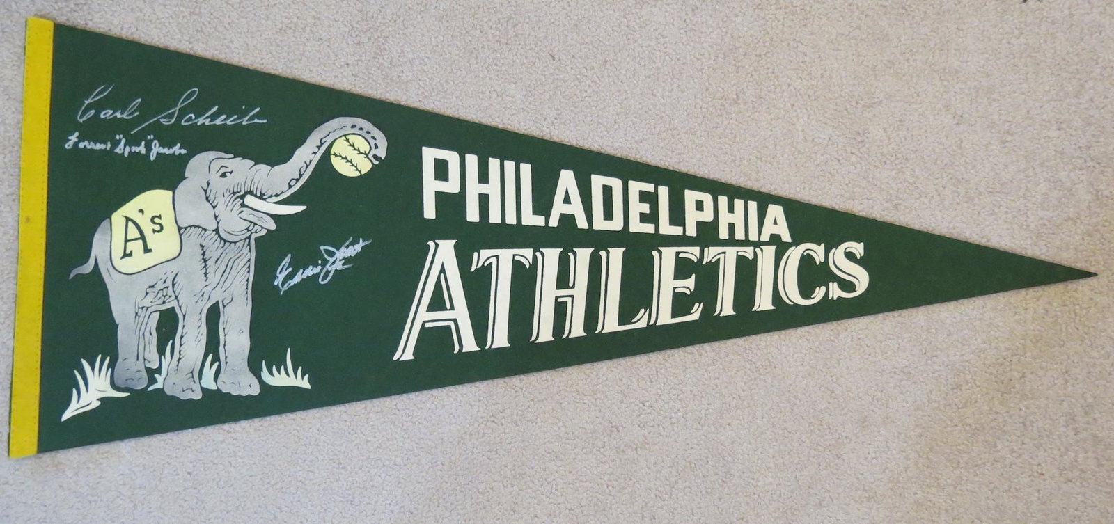 1950s Philadelphia Athletics Pennant Signed by Three: 1980s reproduction of a 1950s pennant. Full size 30 inch pennant signed by Carl Scheib, Forrest Spook Jacobs and Eddie Joost. All signatures acquired in person at local New England card shows.