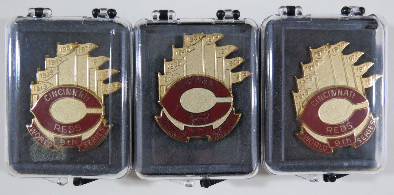 (3) 1990 Baseball World Series Press Pins Reds: Cincinnati Reds versions. All are mint and in the original boxes.