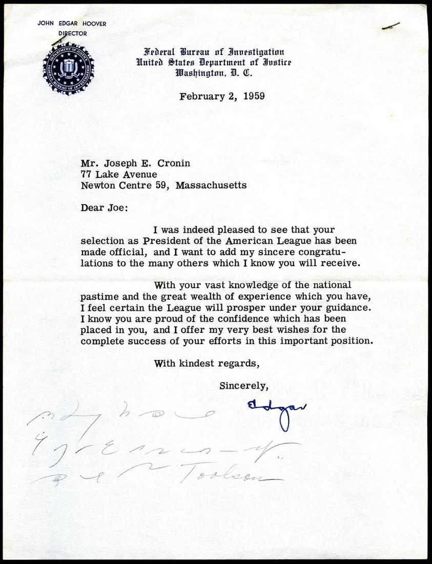 1959 J Edgar Hoover Signed Letter to Joe Cronin (1 of 1)